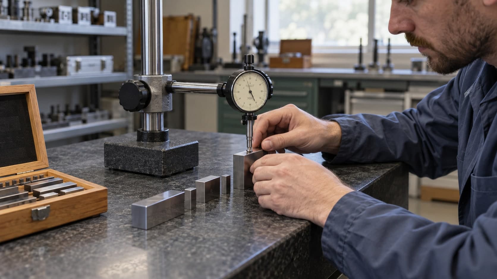 Dans un atelier de métrologie, un technicien positionne une cale étalon sous un comparateur à cadran, d'autres cales alignées par tailles croissantes sur le marbre