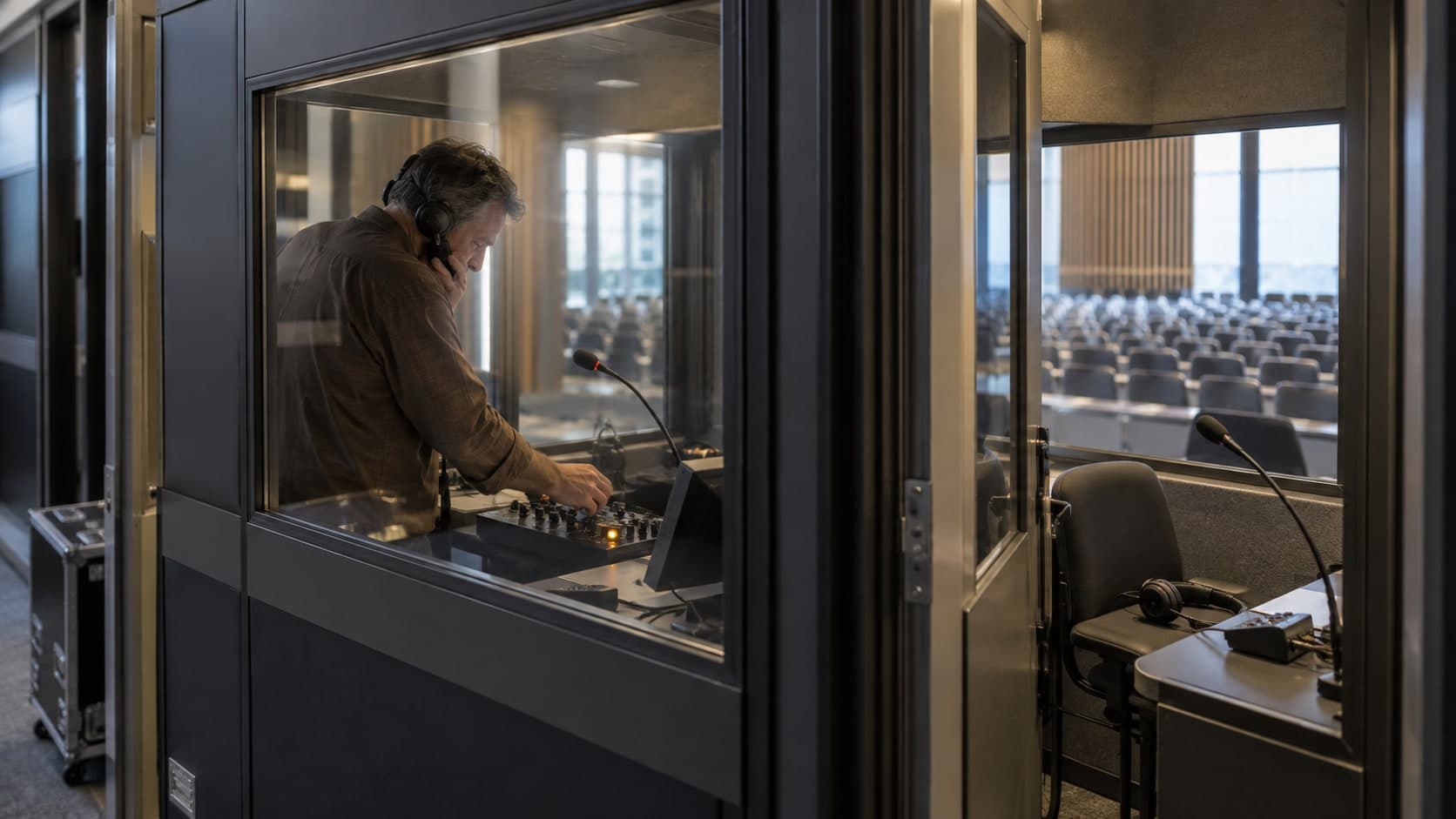 Dans une cabine d'interprétation vitrée surplombant une salle de conférence vide, un technicien casque sur les oreilles règle une console, la cabine voisine restant inoccupée