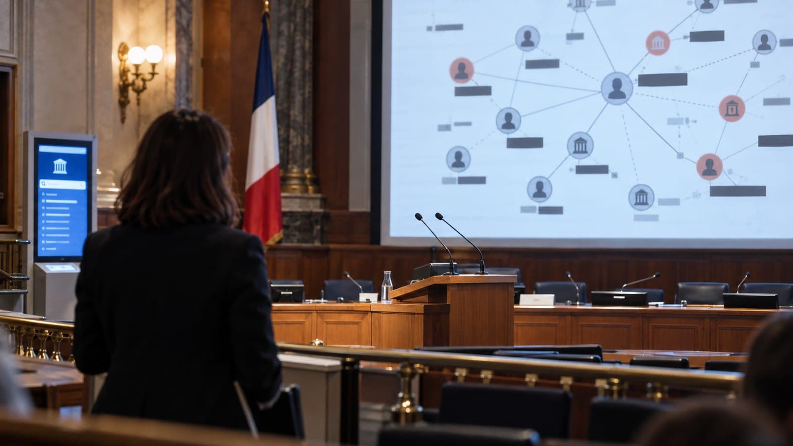 Salle de commission parlementaire française, drapeau tricolore et pupitre à microphones, une personne debout de dos face à un grand écran affichant un graphe de relations entre personnes et institutions dont toutes les étiquettes sont masquées