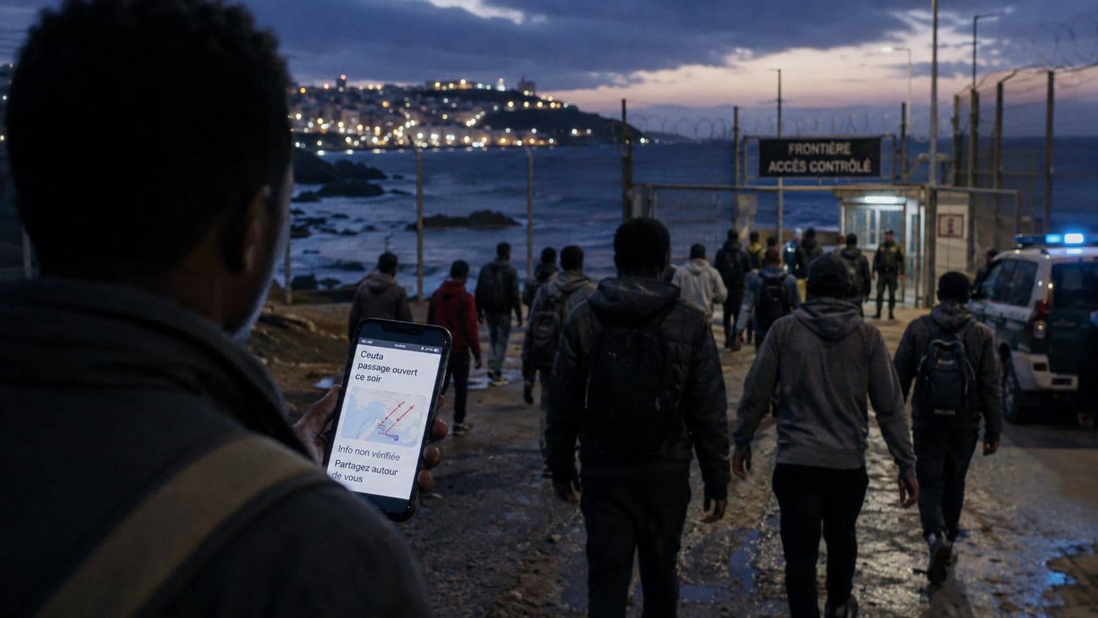 Au crépuscule, près d'un poste-frontière signalé « frontière, accès contrôlé » et d'un véhicule de police, un homme de dos regarde sur son téléphone un message affirmant « Ceuta, passage ouvert ce soir », marqué « info non vérifiée, partagez autour de vous », pendant qu'un groupe de personnes marche vers le poste, illustration d'une rumeur qui provoque un déplacement physique.