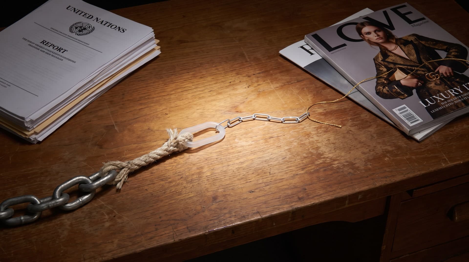 Sur une table de bois, une chaîne dont les maillons s'affaiblissent, acier puis corde puis verre puis fil doré, relie une pile de rapports institutionnels à un magazine de mode