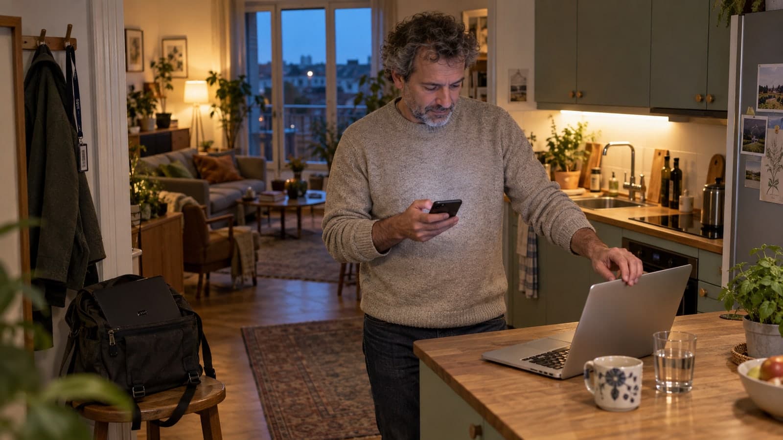 Le soir, dans la cuisine d'un appartement, un homme consulte son telephone et ouvre son ordinateur portable personnel pose sur le plan de travail, tandis que sa sacoche de travail contenant un ordinateur professionnel et un badge reste accrochee a l'entree, illustrant la bascule de l'appareil professionnel vers l'appareil personnel