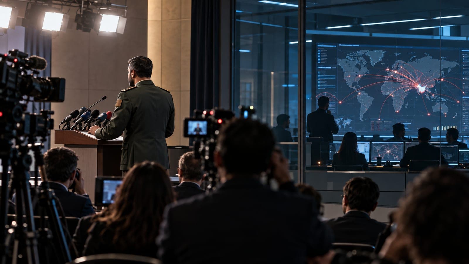 Officier en uniforme s'exprimant à un pupitre garni de microphones devant des caméras de télévision et des photographes, un grand écran de données et une carte du monde visibles derrière une paroi vitrée