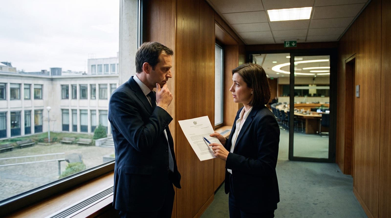 Dans le couloir boisé d'un bâtiment institutionnel, une femme en tailleur montre une lettre à en-tête officiel à un homme, devant la salle de commission visible derrière une cloison vitrée