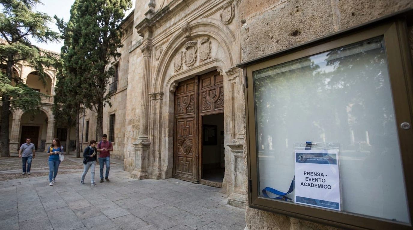 Illustration éditoriale : cour d'un bâtiment universitaire ancien, avec un badge de presse pour un événement académique affiché dans une vitrine