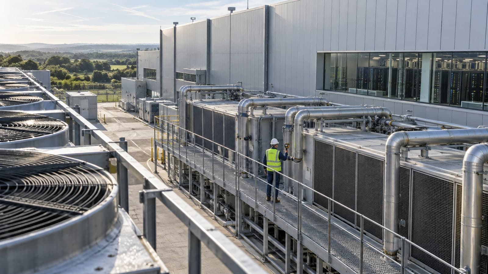 Vue en hauteur d'un centre de données en pleine campagne : rangées de groupes de refroidissement et de tuyauteries au premier plan, un technicien en gilet haute visibilité et casque effectuant un relevé sur une passerelle, et des baies de serveurs visibles derrière les baies vitrées du bâtiment, illustrant la capacité de calcul comme infrastructure physique