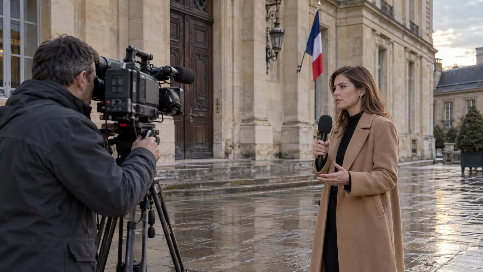 Devant un bâtiment institutionnel au drapeau français, une journaliste micro en main fait un direct face à un cadreur, sur un pavé mouillé
