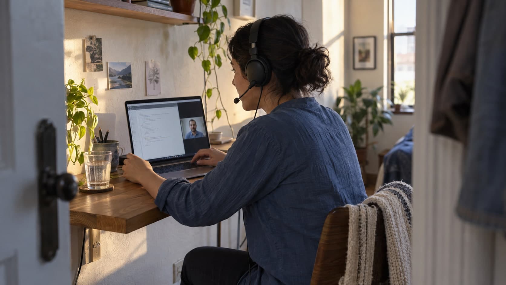 Dans un coin bureau à domicile baigné de lumière, une développeuse casque sur les oreilles suit un entretien en visioconférence, du code affiché à côté de son interlocuteur