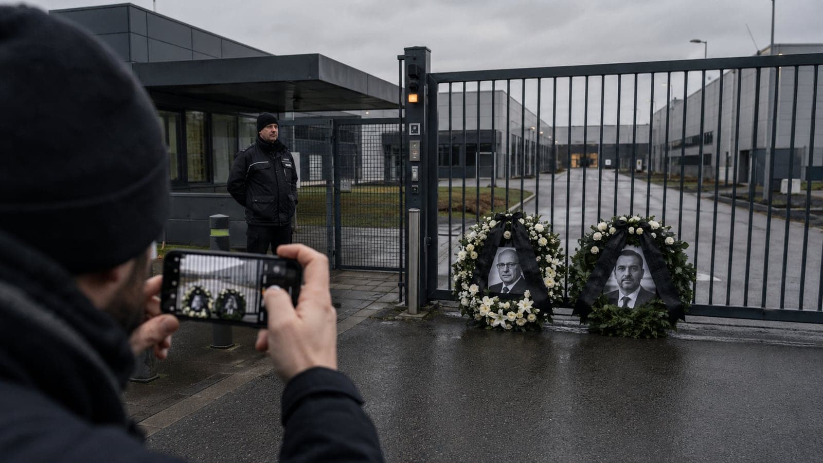 Devant la grille d'un site industriel gardé par un vigile, 2 couronnes mortuaires blanches ornées d'un ruban noir encadrent des portraits de dirigeants ; au premier plan, une personne photographie la scène avec son téléphone, dont l'écran montre les couronnes, illustration d'une mise en scène conçue pour être photographiée et diffusée.