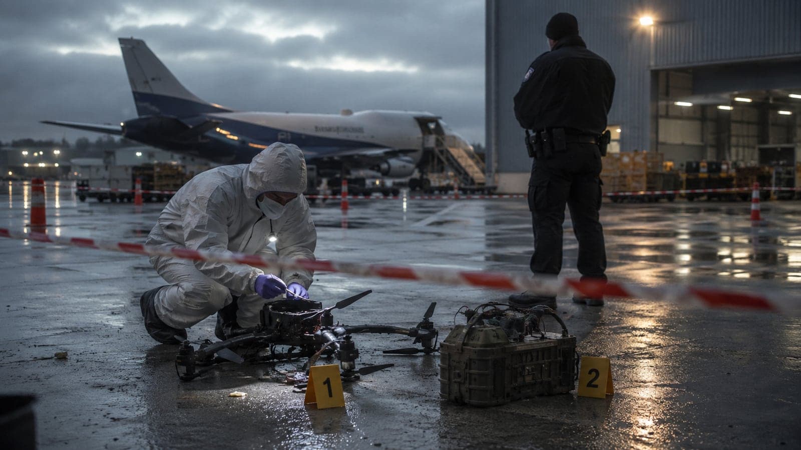 Sur le tarmac mouillé d'un aéroport de fret, un technicien de police scientifique en combinaison examine les débris d'un drone marqué comme pièce à conviction numéro 1, à côté de sa charge marquée numéro 2, derrière un ruban de police, tandis qu'un policier monte la garde devant un hangar et un avion cargo, illustration de l'enquête technique qui précède l'attribution.