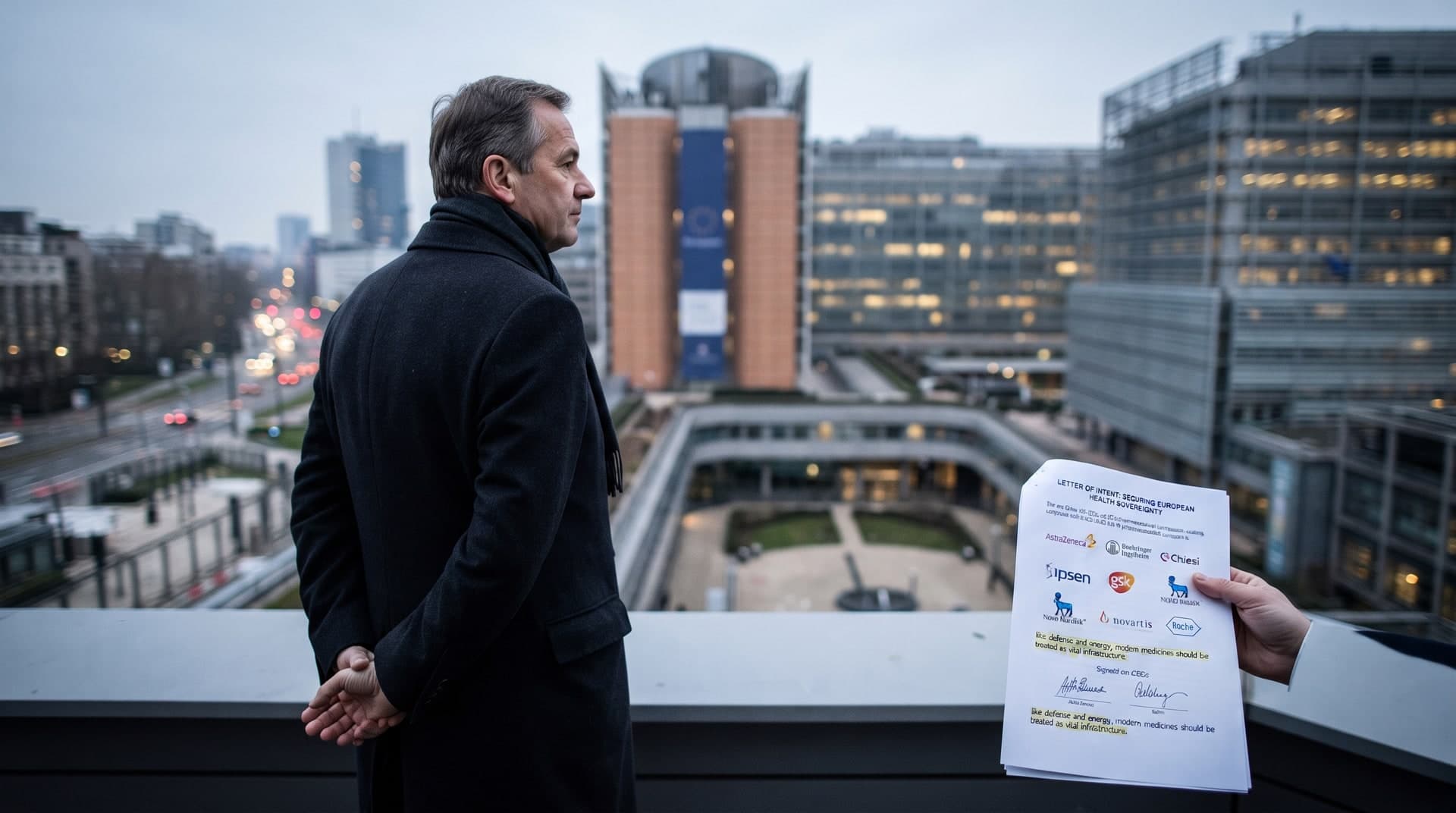 Sur une terrasse face au siège de la Commission européenne à Bruxelles au crépuscule, un homme en manteau regarde l'horizon tandis qu'une main lui tend une lettre ouverte signée par plusieurs laboratoires