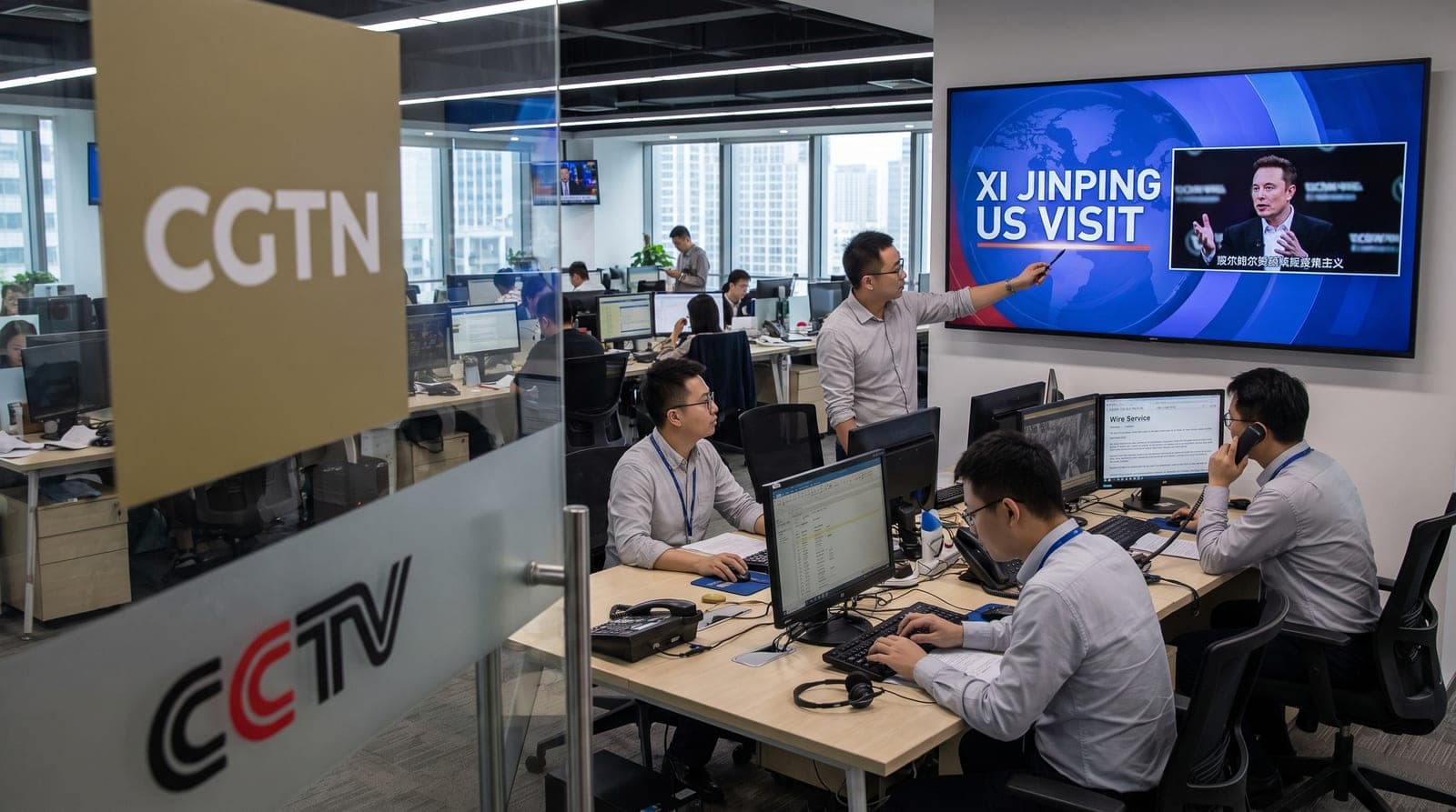 Rédaction de télévision, un écran mural diffuse une séquence consacrée à la visite de Xi Jinping aux États-Unis