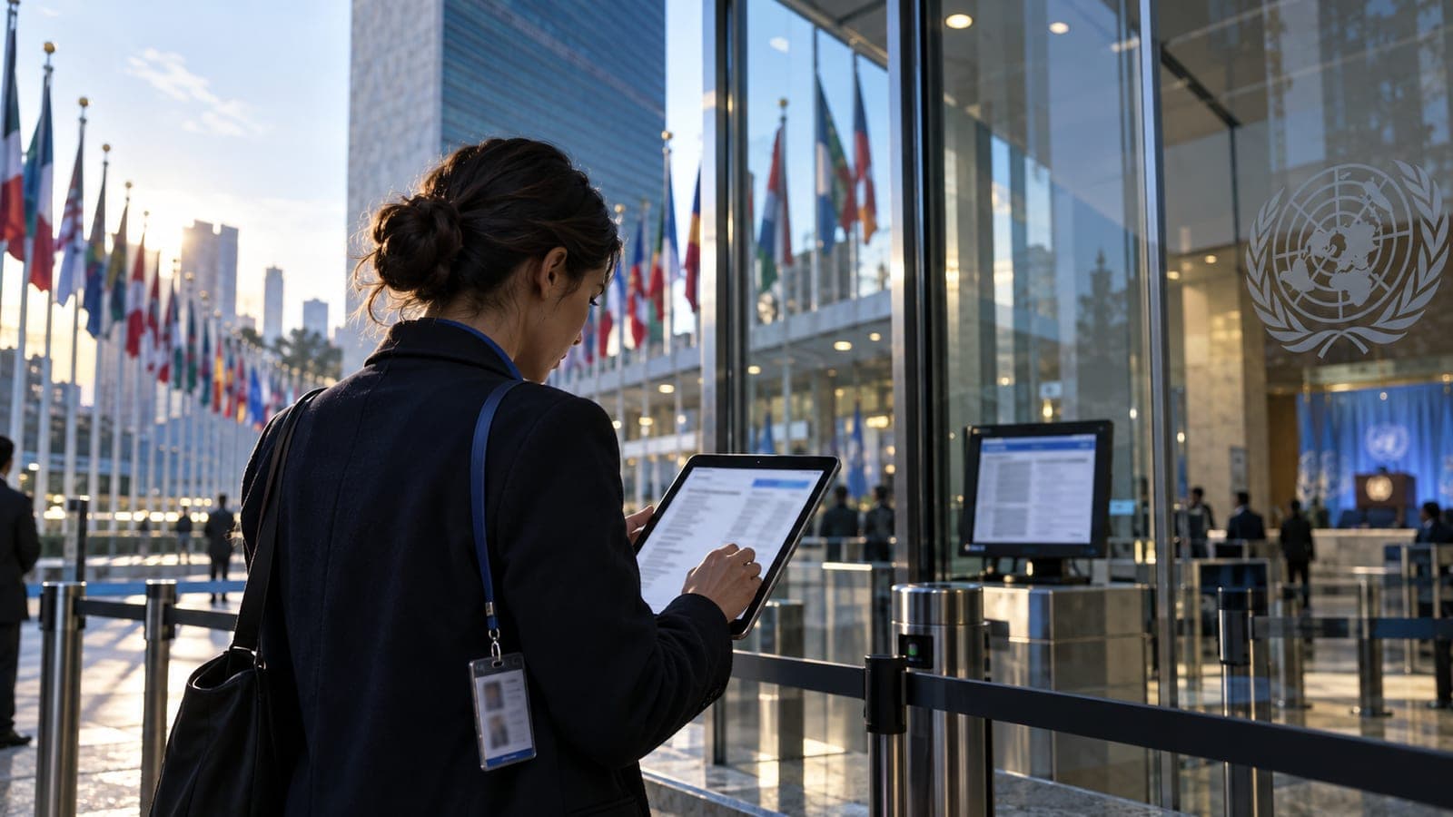 Illustration éditoriale : devant le siège des Nations unies bordé de drapeaux, une personne munie d'un badge consulte un document sur une tablette