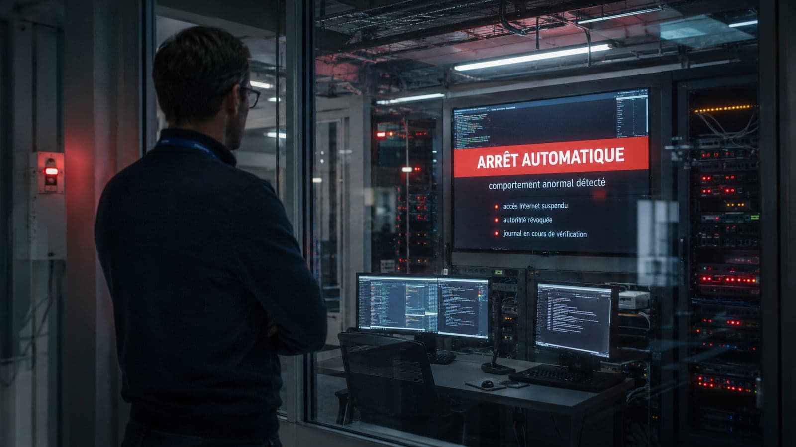 Dans une salle serveurs, un ingénieur observe un grand écran affichant « Arrêt automatique, comportement anormal détecté », avec accès Internet suspendu, autorité révoquée et journal en cours de vérification, illustration du retrait automatique et traçable du mandat d'un agent.