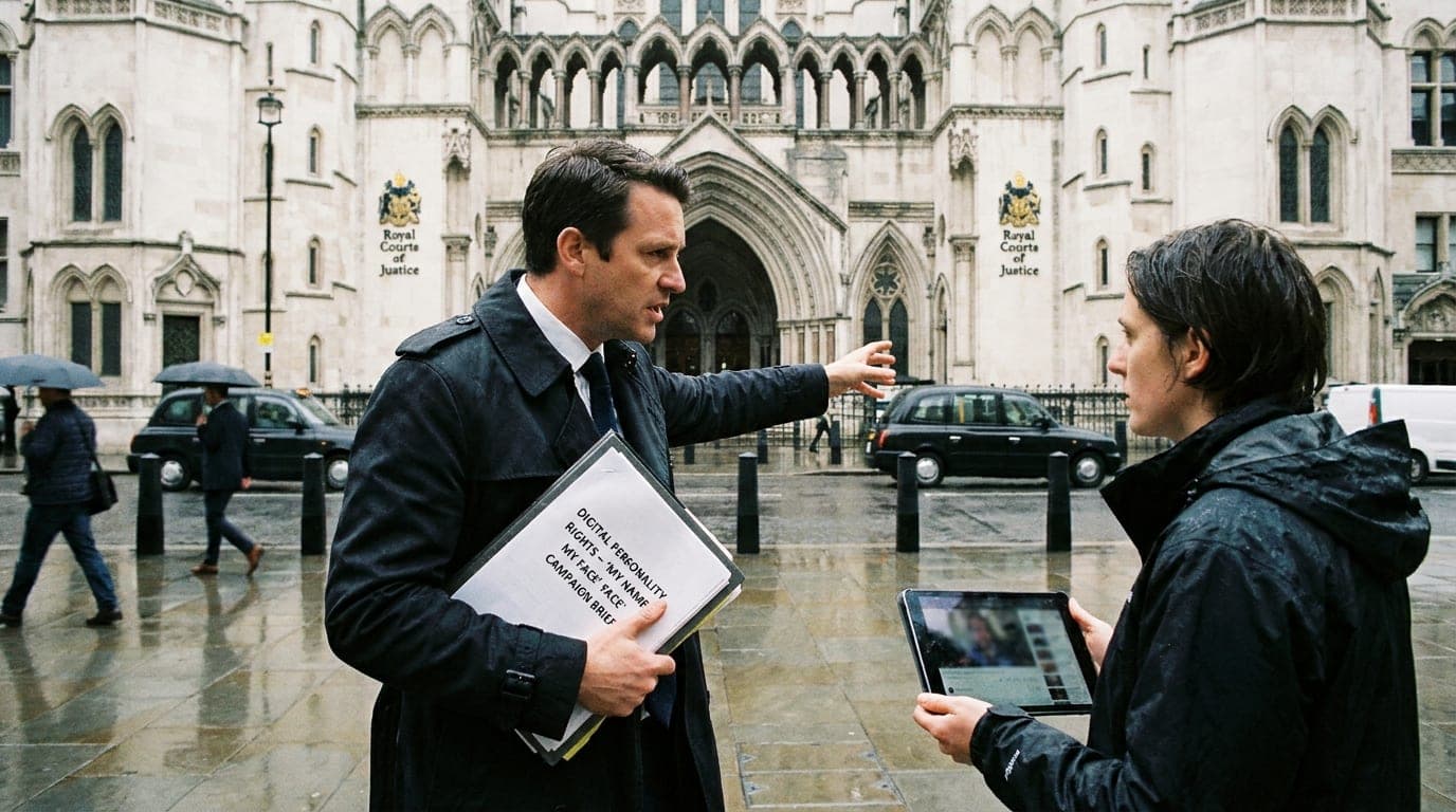 Illustration éditoriale : devant un palais de justice londonien sous la pluie, 2 personnes s'entretiennent, l'une tenant un dossier consacré aux droits de la personnalité numérique