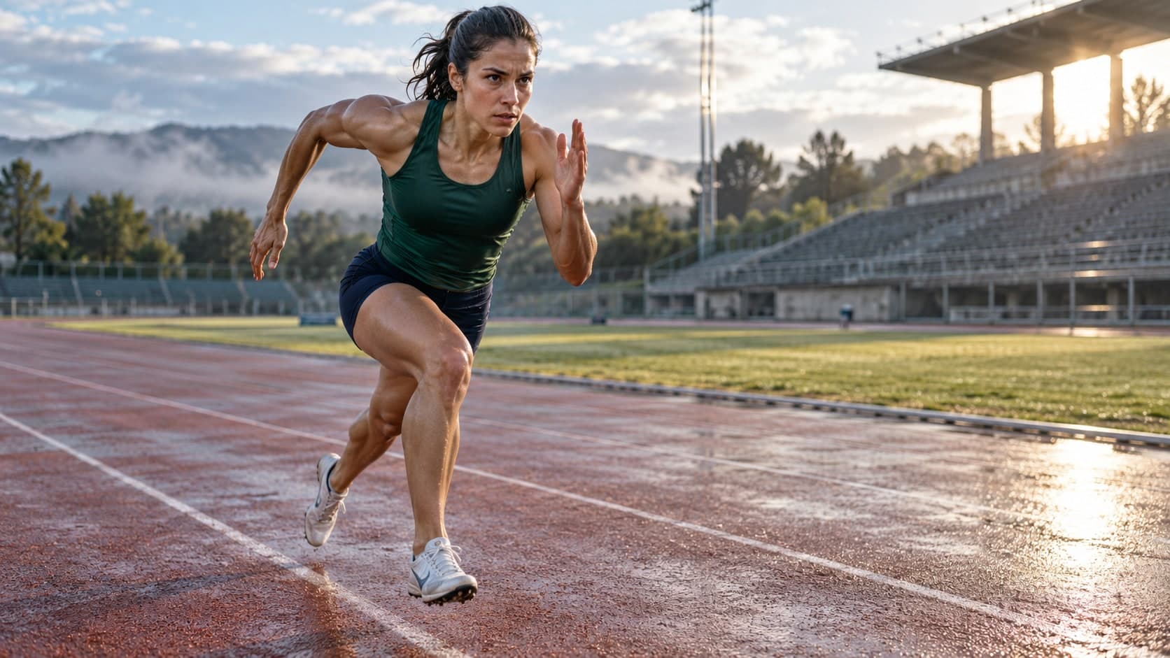 Au petit matin sur une piste d'athletisme deserte, une sprinteuse lance sa foulee, tribunes vides et brume sur les collines derriere elle