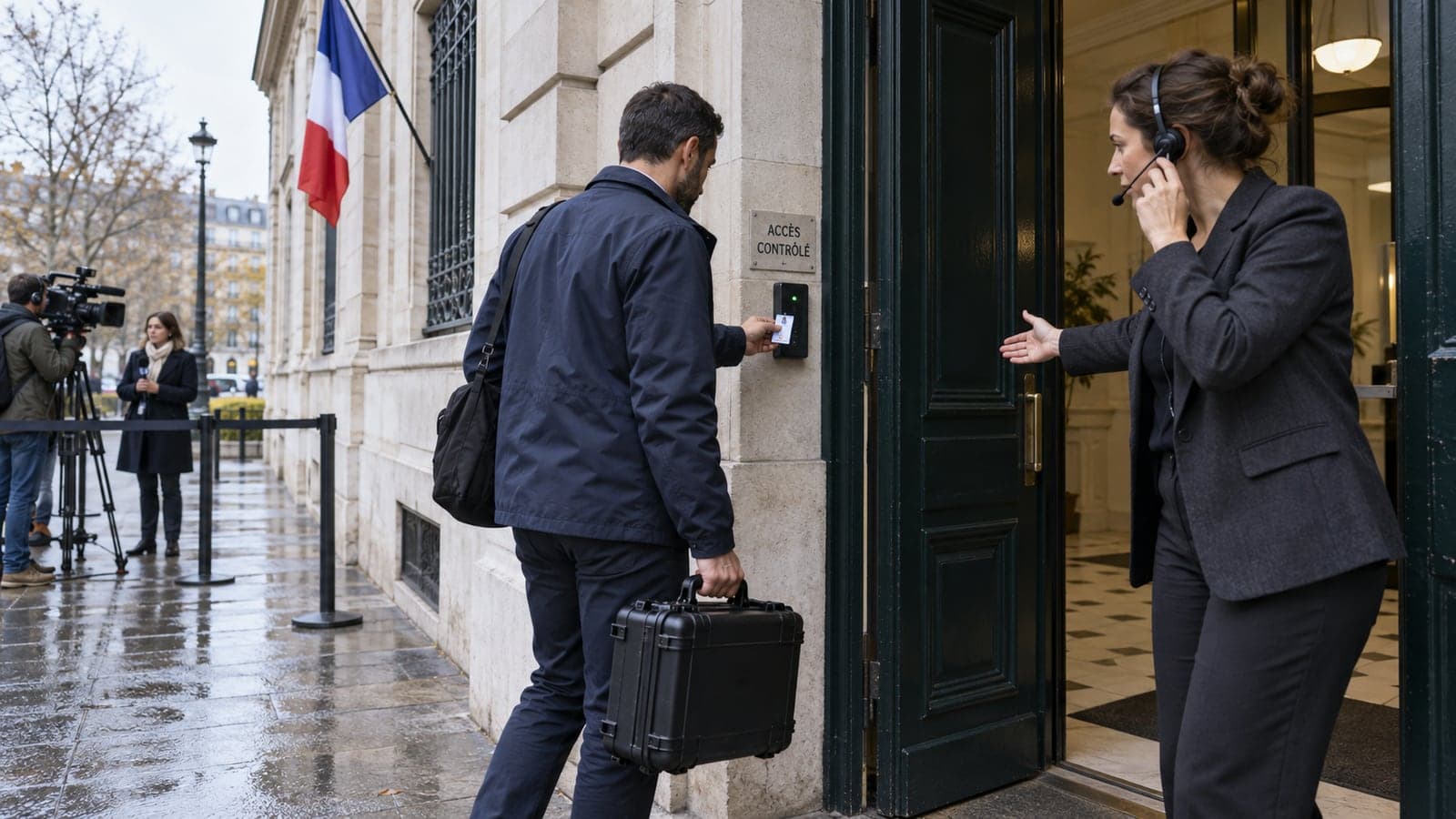 Devant l'entree d'un batiment institutionnel parisien signalee acces controle, un intervenant technique portant une mallette de materiel presente son badge au lecteur pendant qu'une responsable munie d'un casque telephonique lui ouvre la porte, une equipe de television installee sur le trottoir en arriere-plan
