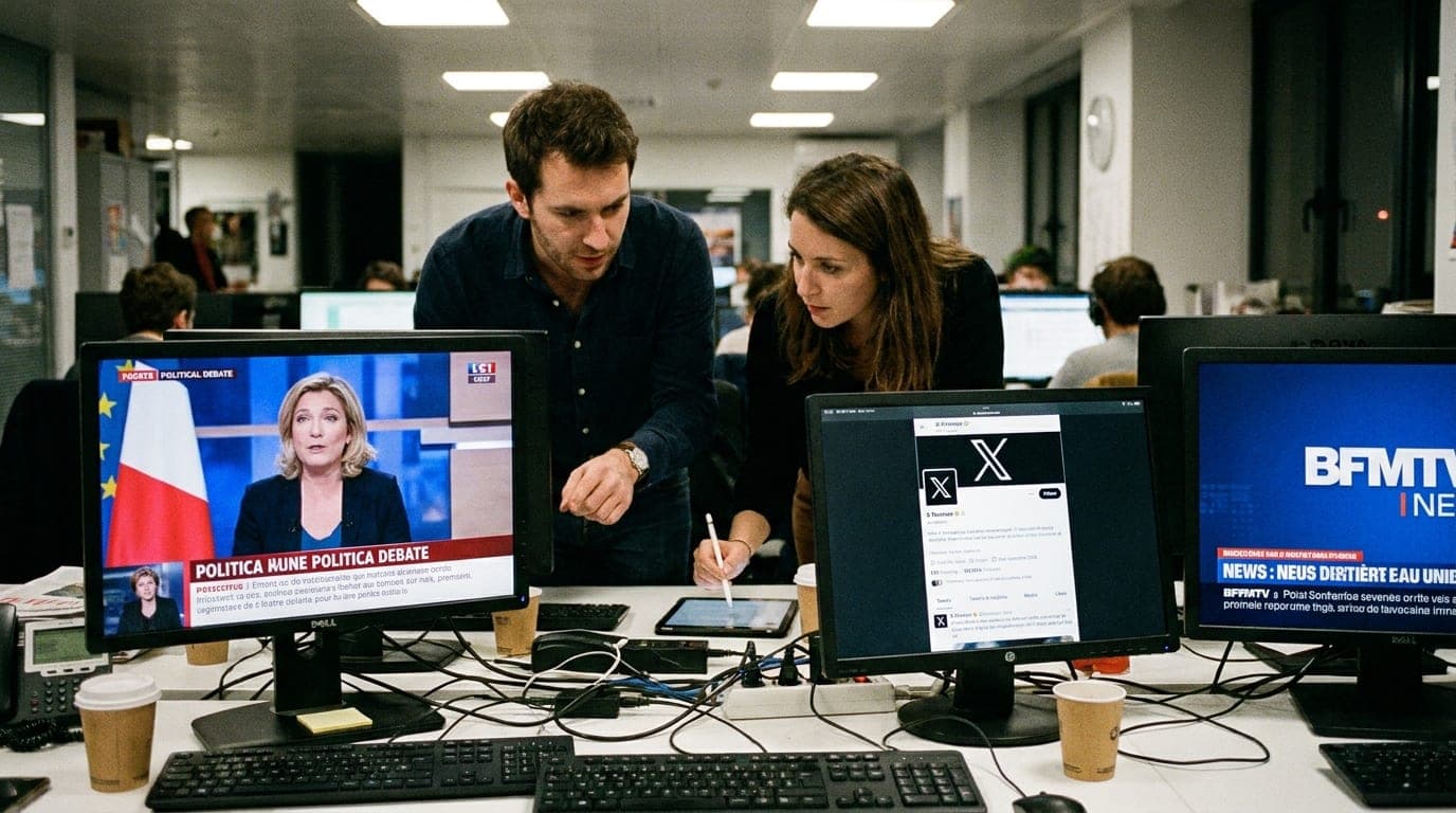 Illustration éditoriale : dans une rédaction, 2 journalistes suivent sur plusieurs écrans un débat politique télévisé, un fil de réseau social et une chaîne d'information en continu