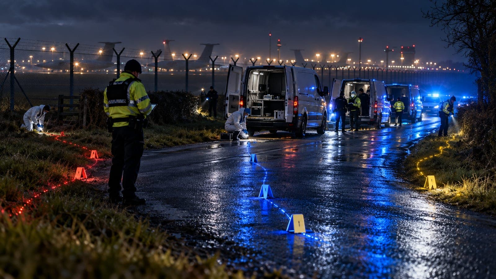 Scène de nuit balisée le long d'une route mouillée en bordure d'une base aérienne, techniciens en combinaison procédant à des relevés, fourgons de police gyrophares allumés, plots numérotés au sol