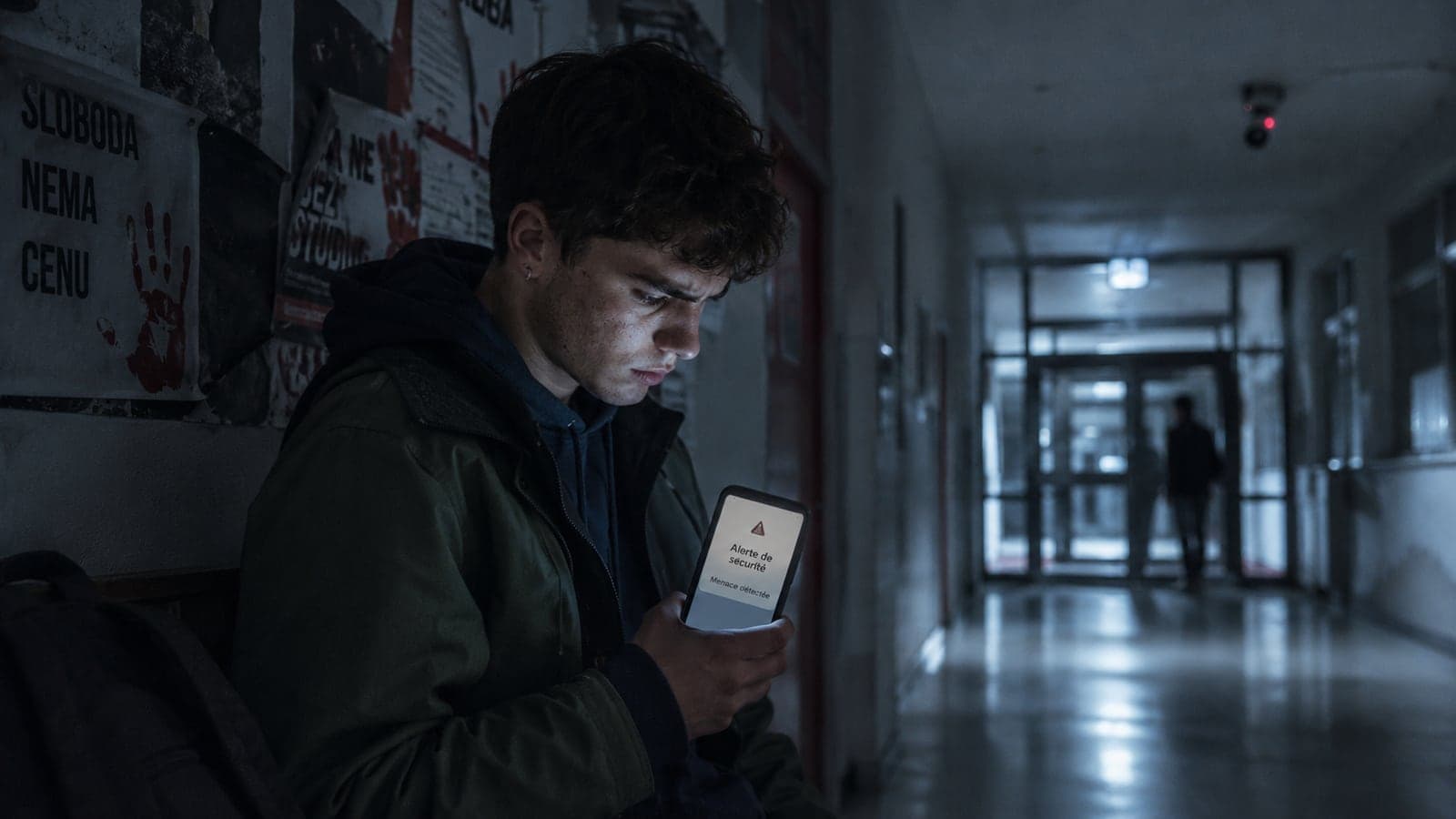 Dans le couloir d'une université, sous une caméra de surveillance et devant des affiches du mouvement étudiant, un jeune homme regarde son téléphone affichant une alerte de sécurité signalant une menace détectée, illustration de la surveillance visant des militants.