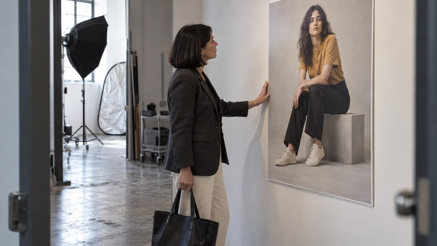 Dans un studio photo, une directrice artistique tient contre le mur le tirage grand format d'un portrait, boite a lumiere et reflecteur replies derriere elle