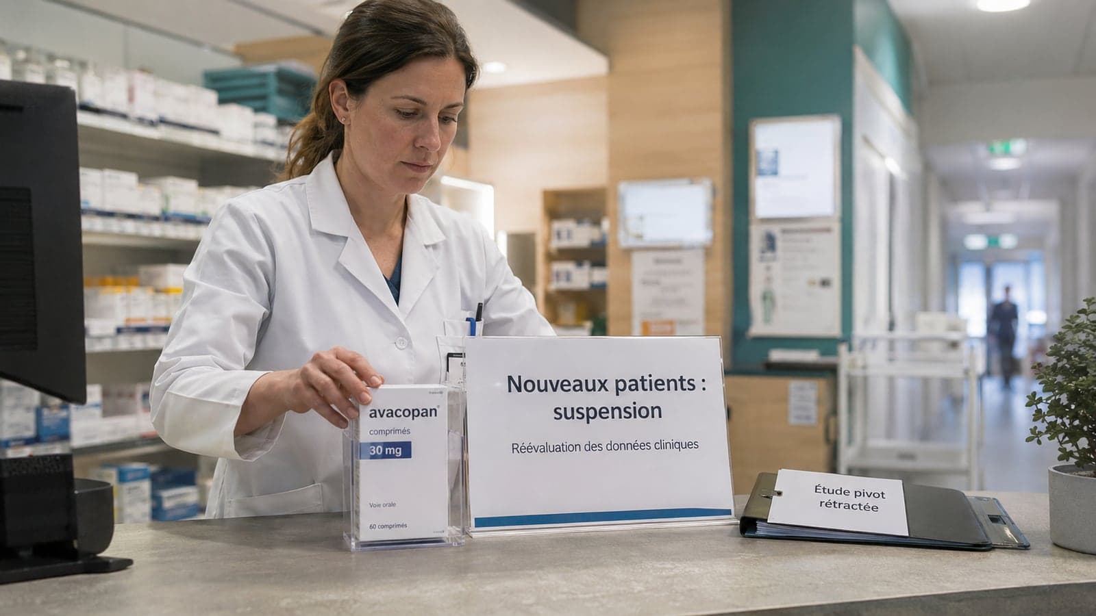 Au comptoir d'une pharmacie, une pharmacienne manipule une boîte d'avacopan 30 mg, à côté de panneaux indiquant « Nouveaux patients : suspension, réévaluation des données cliniques » et « Étude pivot rétractée », illustration de la suspension du médicament après la remise en cause de la fiabilité de son étude pivot.