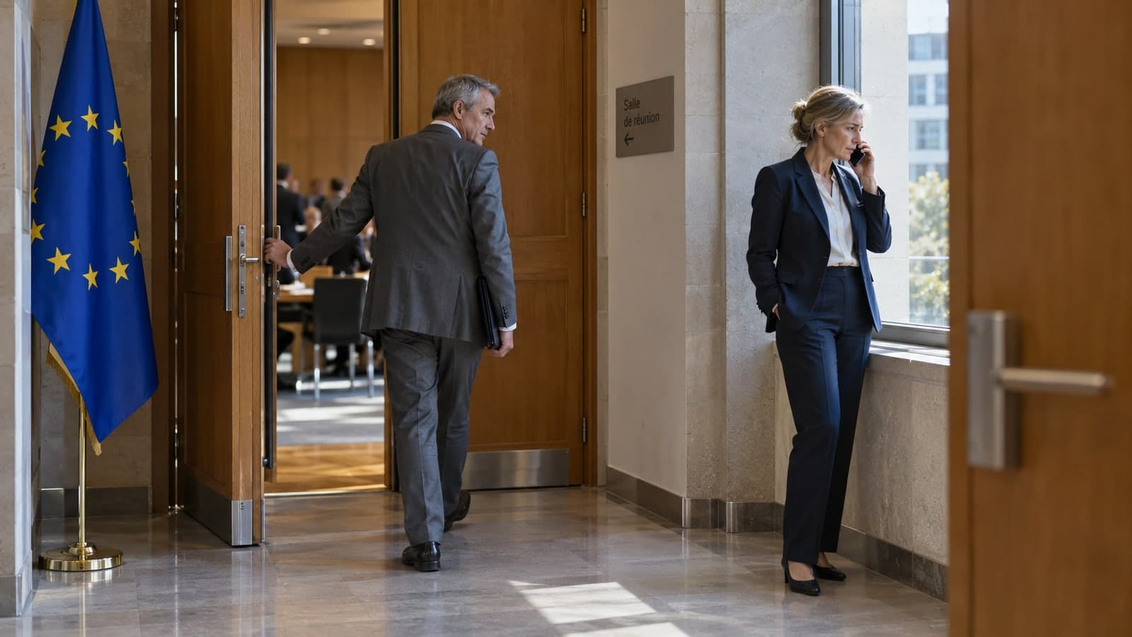 Dans le couloir d'un bâtiment institutionnel européen, un drapeau de l'Union européenne au premier plan, un homme en costume entre dans une salle de réunion signalée par un panneau tandis qu'une femme en tailleur, restée à l'écart près d'une fenêtre, téléphone, illustrant une négociation qui se poursuit hors de la salle