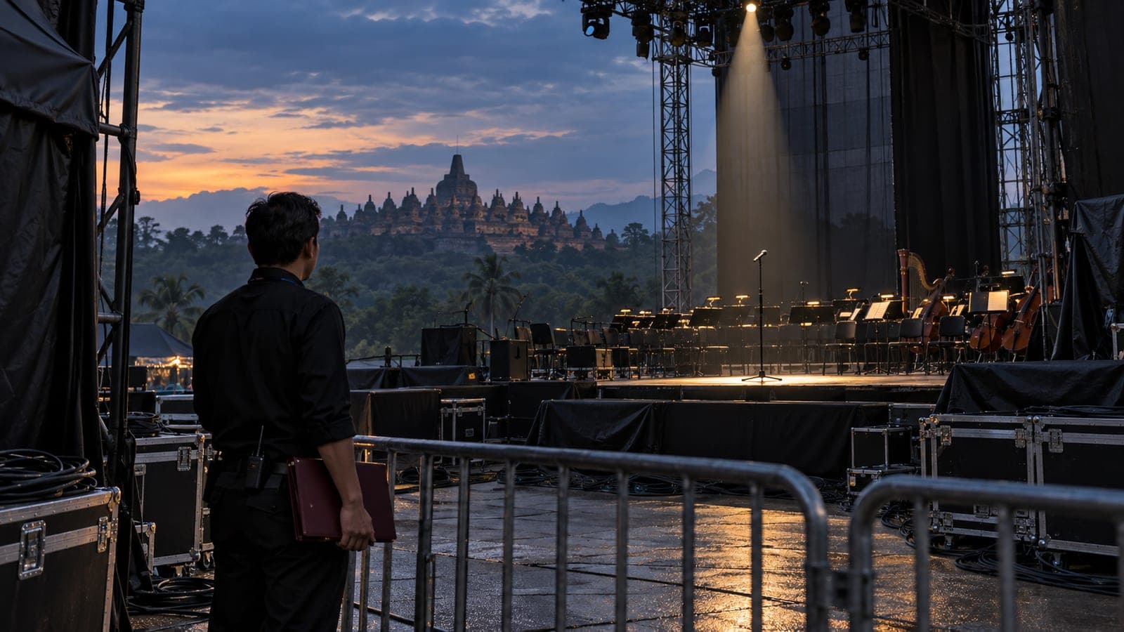 Scène de concert en préparation devant le temple de Borobudur au crépuscule