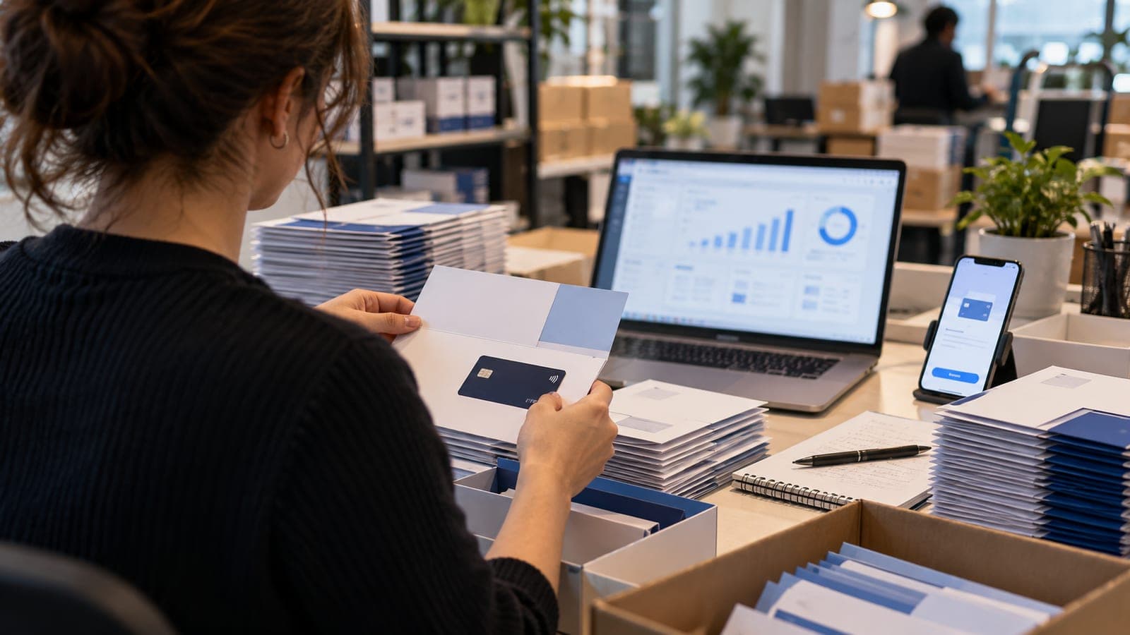 Une employée prépare des envois de cartes bancaires destinées à de nouveaux clients, devant un tableau de bord de recrutement