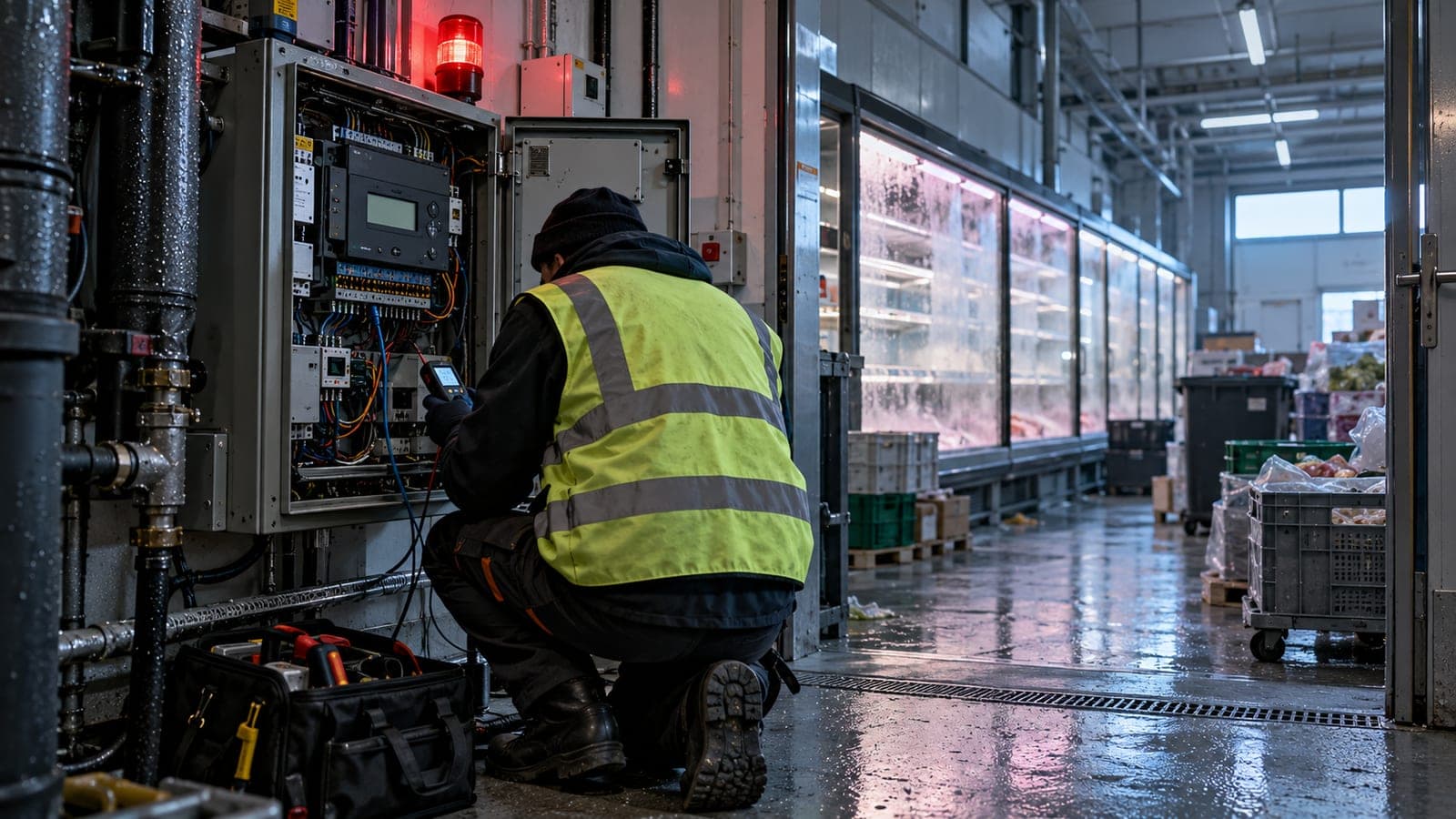 Un technicien inspecte une armoire de régulation frigorifique devant des vitrines réfrigérées vides