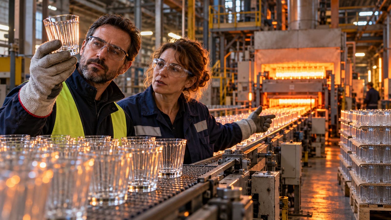 Dans une verrerie, deux opérateurs examinent un verre trempé sortant de la ligne de production, le four en arrière-plan