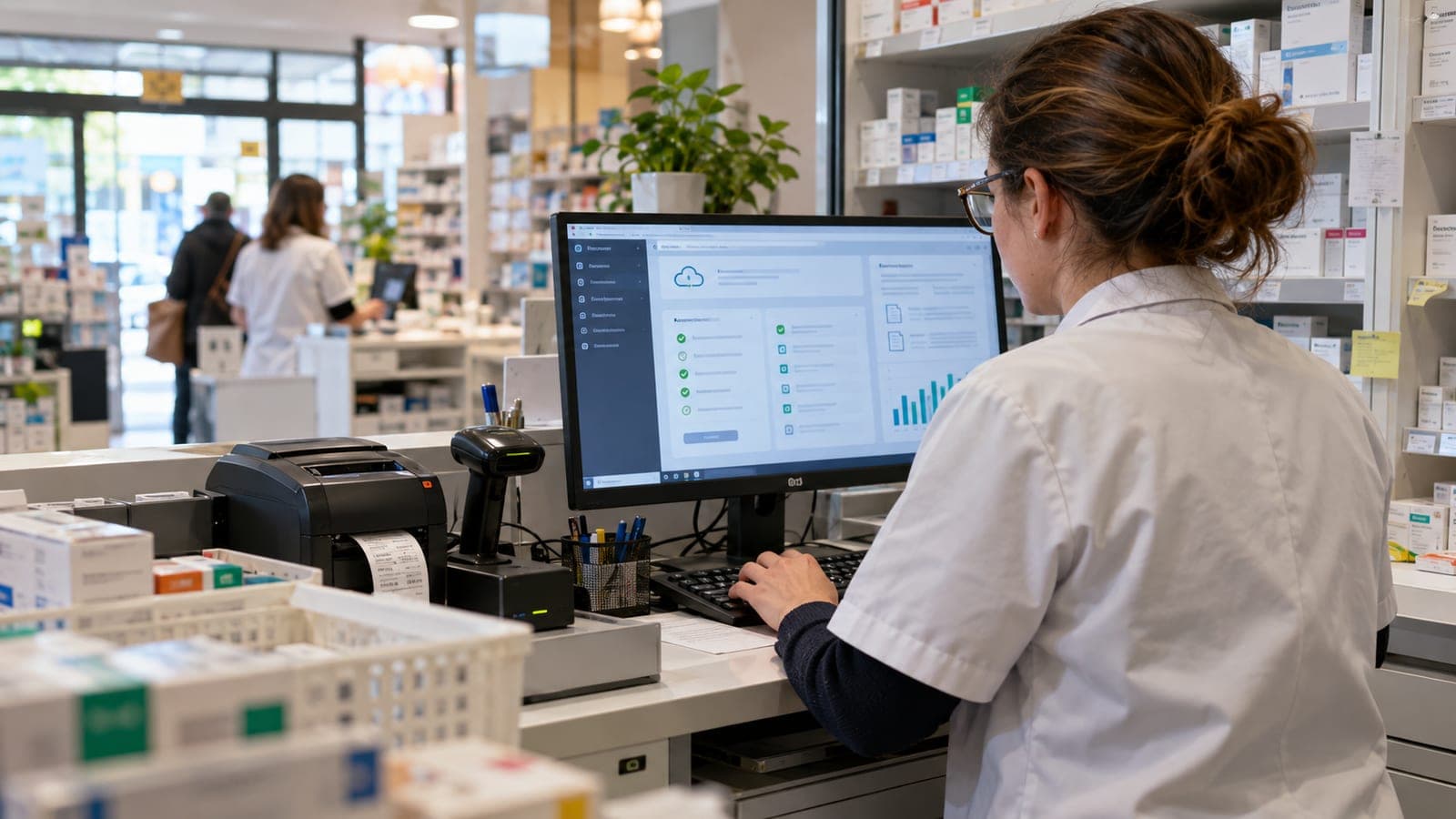 Une préparatrice consulte un logiciel de gestion au comptoir d'une pharmacie