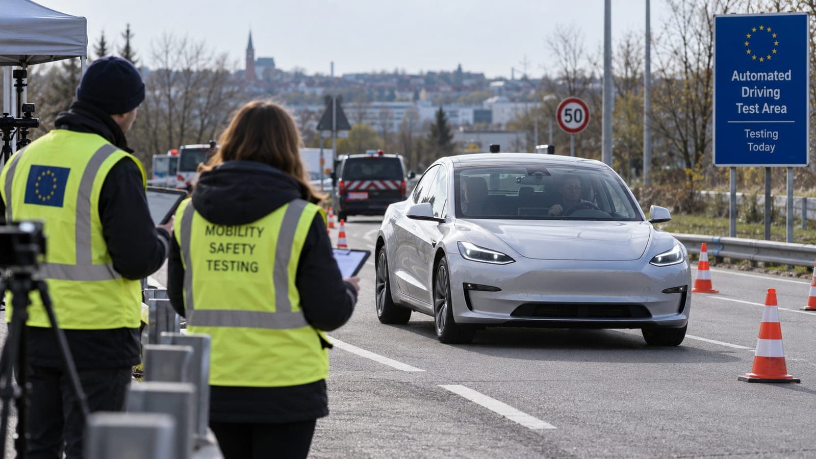 Essai d'une voiture électrique sur une route balisée, sous le regard d'observateurs