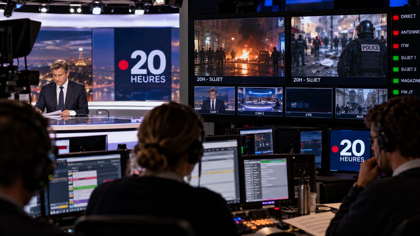 Régie d'un journal télévisé de 20 heures, écrans de contrôle montrant des images de violences urbaines, techniciens au casque devant les pupitres