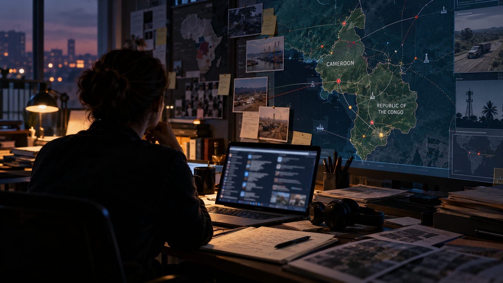 Analyste devant une carte du Cameroun et de la République du Congo, de nuit