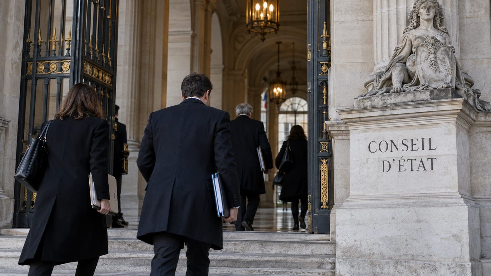 Des visiteurs entrent au Conseil d'État, au Palais-Royal à Paris