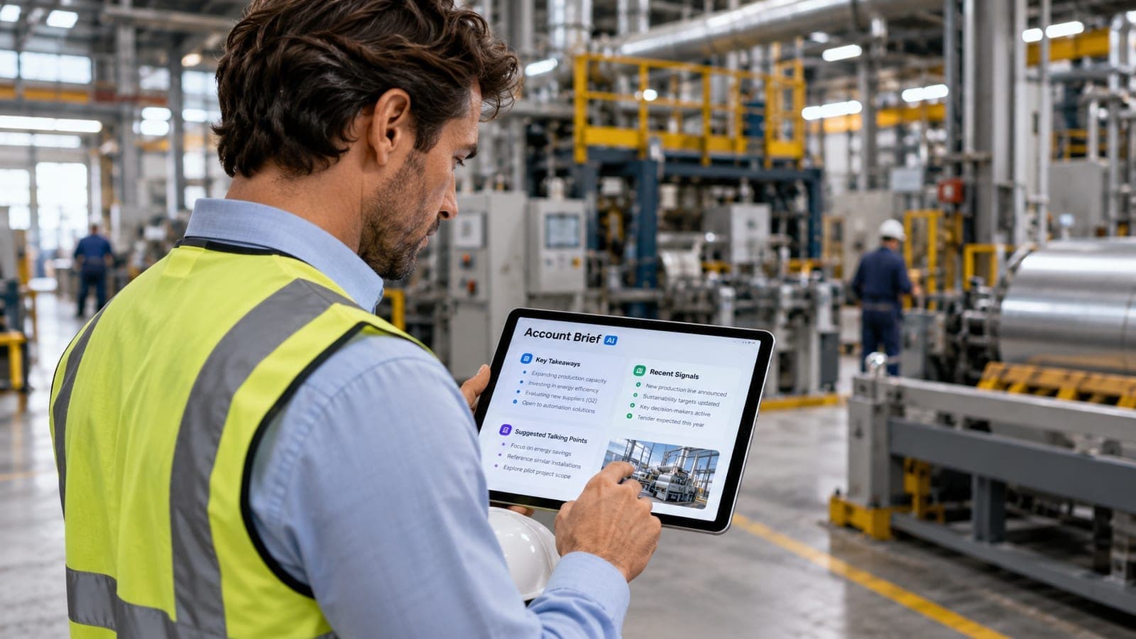 Illustration : un commercial consulte une fiche de compte sur sa tablette dans un atelier industriel avant un rendez-vous
