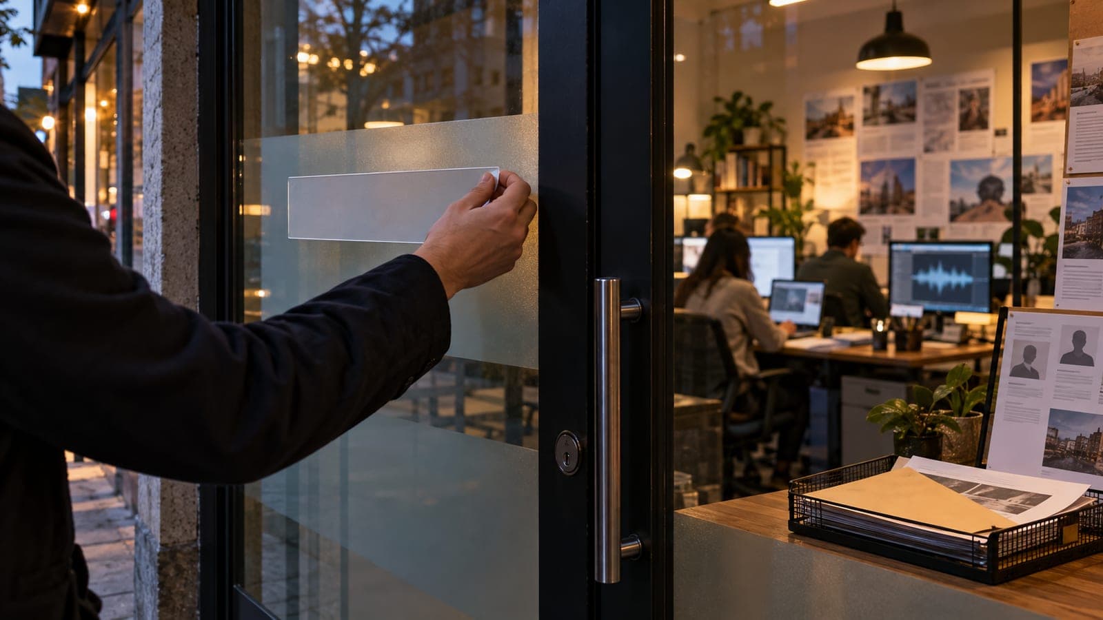 Illustration editoriale : une main retire la plaque d un bureau, des salaries travaillent a l interieur