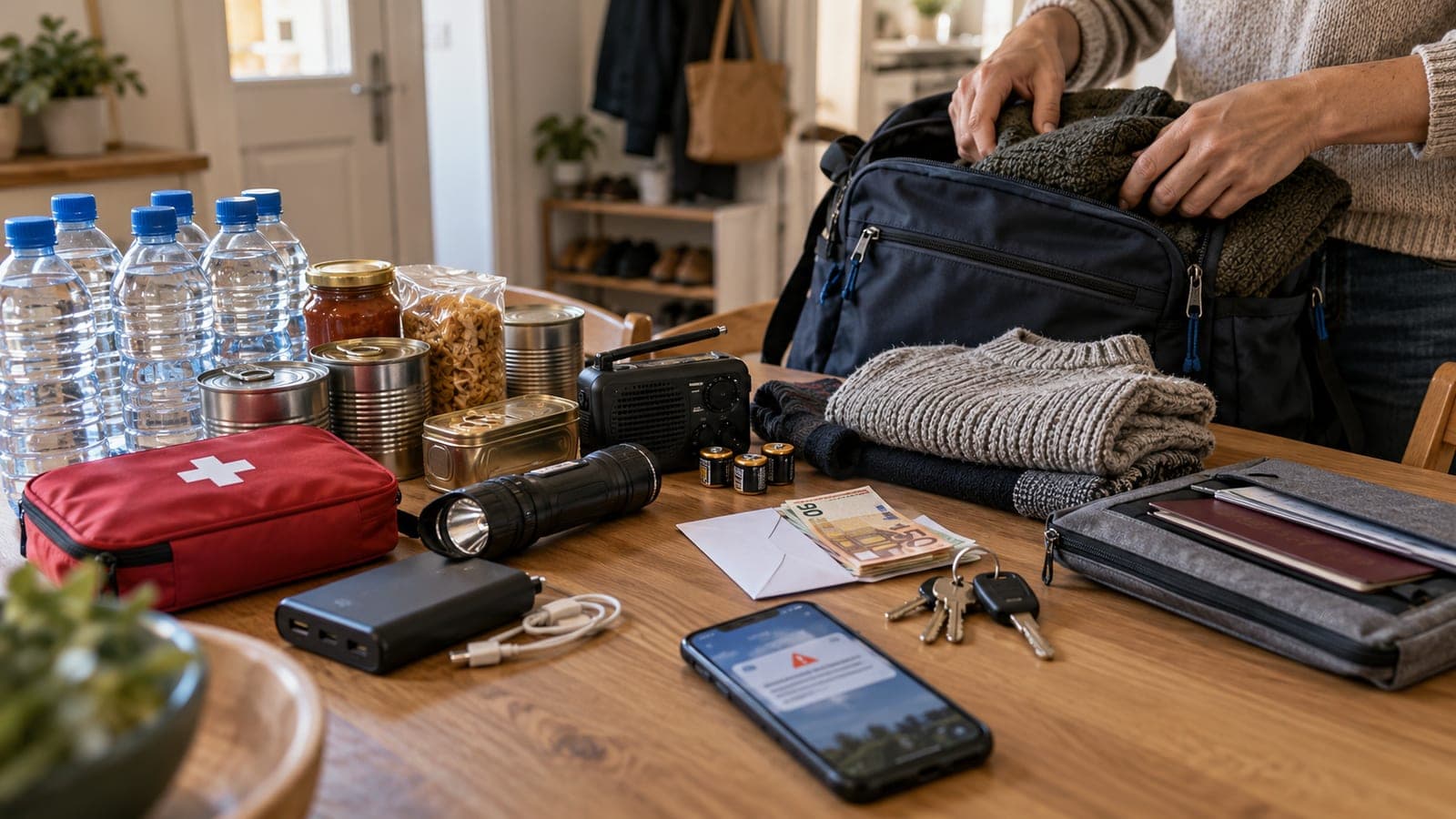 Préparation d'un kit d'urgence sur une table : eau, conserves, radio, lampe, trousse de secours