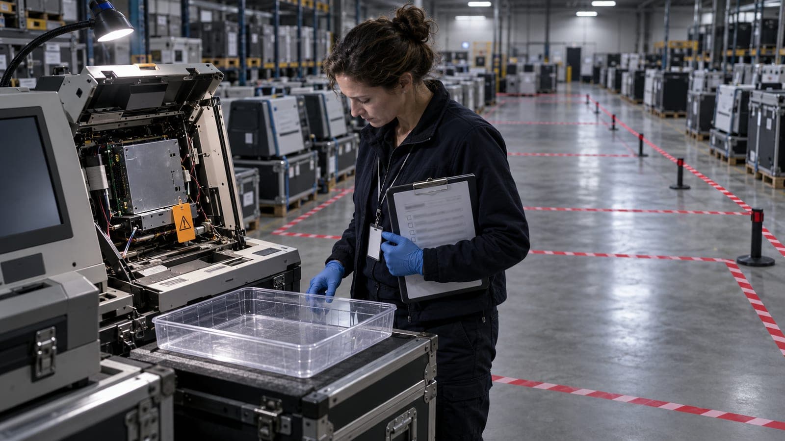 Illustration editoriale : dans un entrepot, une technicienne gantee inspecte au registre une machine ouverte posee sur sa caisse, une urne transparente vide a cote d elle