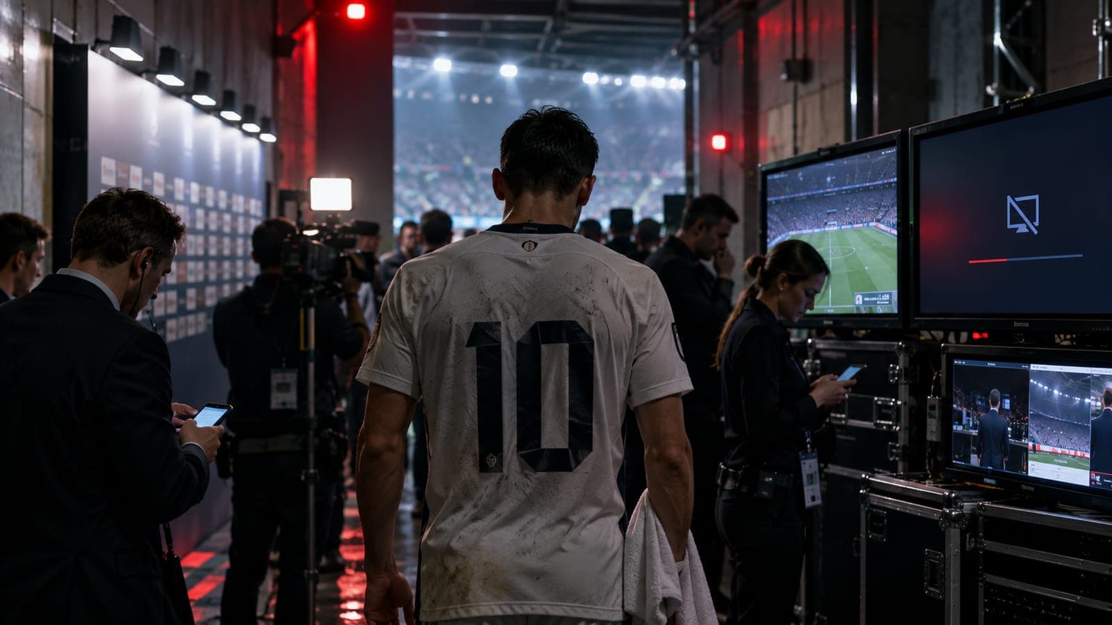 Un joueur au maillot blanc numéro 10, vu de dos, dans un couloir de stade entouré de caméras, à côté d'un écran de diffusion coupé