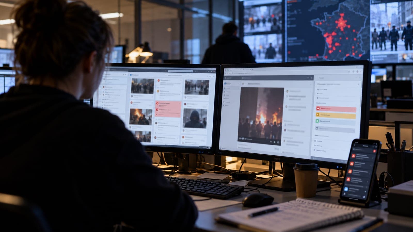 Opératrice de dos devant des écrans de modération montrant des images de violences urbaines et une carte de France