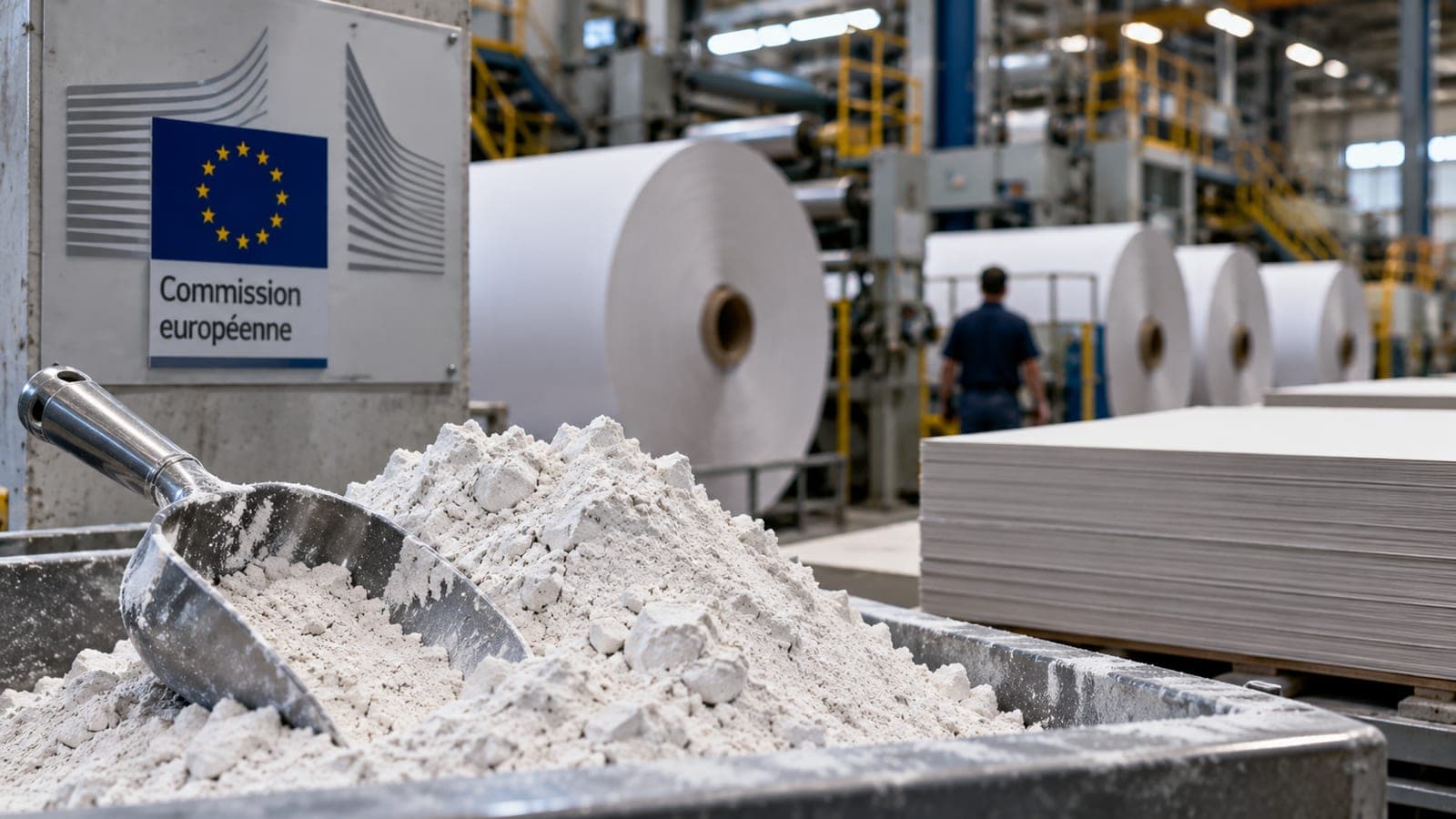 Poudre minérale blanche et bobines de papier dans une usine papetière