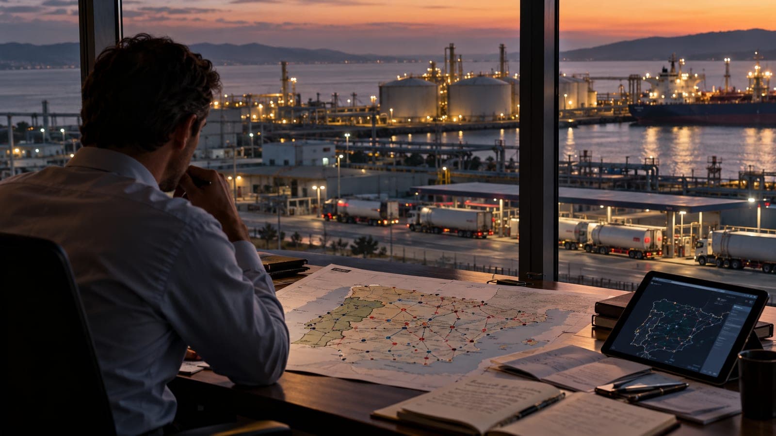 Homme étudiant une carte de réseau de stations de la péninsule Ibérique face à un terminal pétrolier au crépuscule