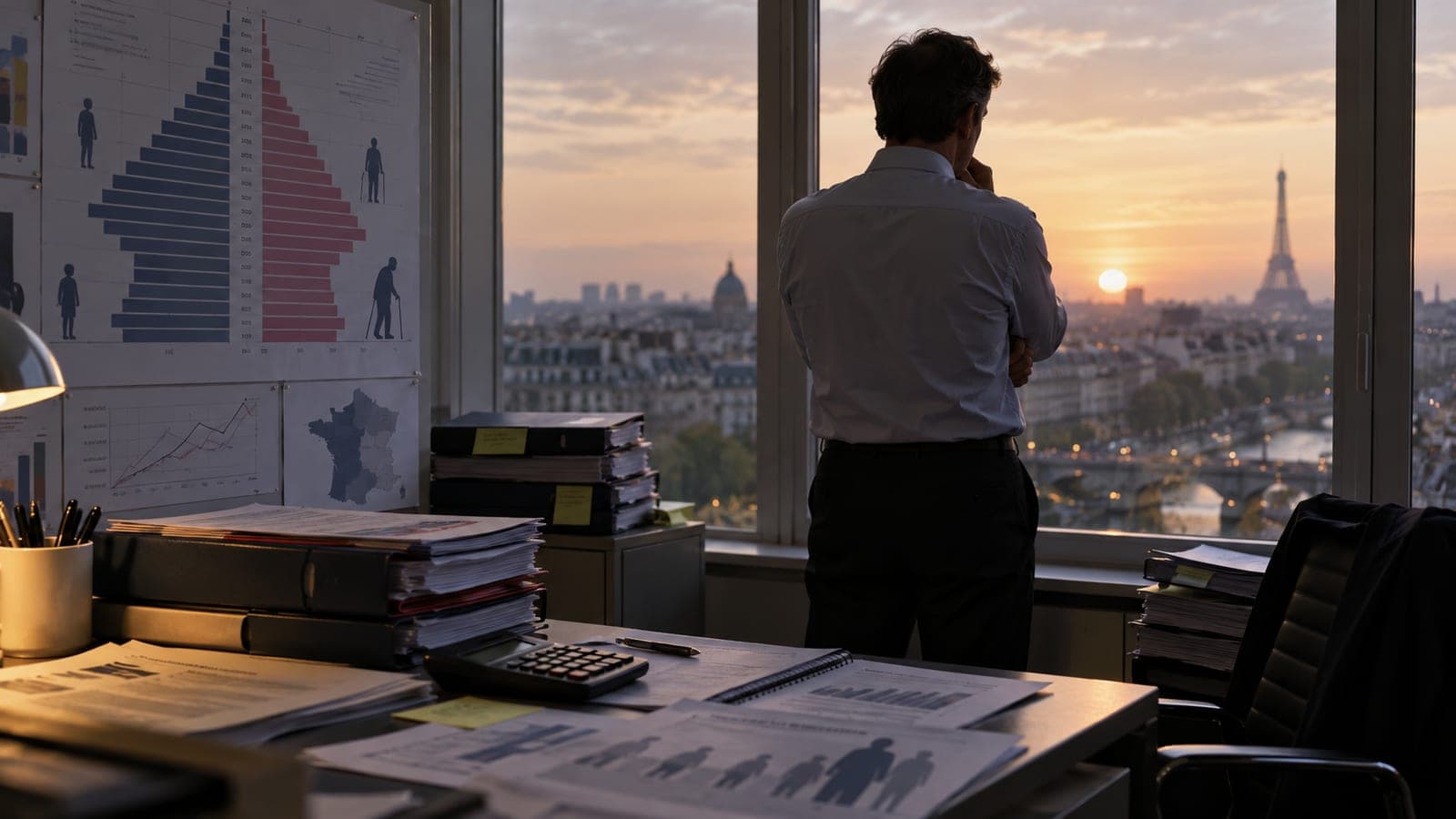 Bureau parisien au coucher du soleil, pyramide des âges et dossiers sur les retraites