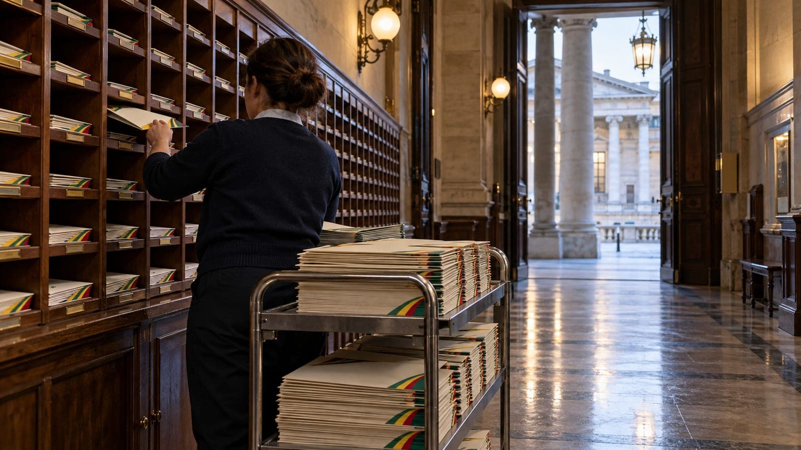Une agente distribue des plaquettes dans les casiers du courrier d'une assemblée parlementaire
