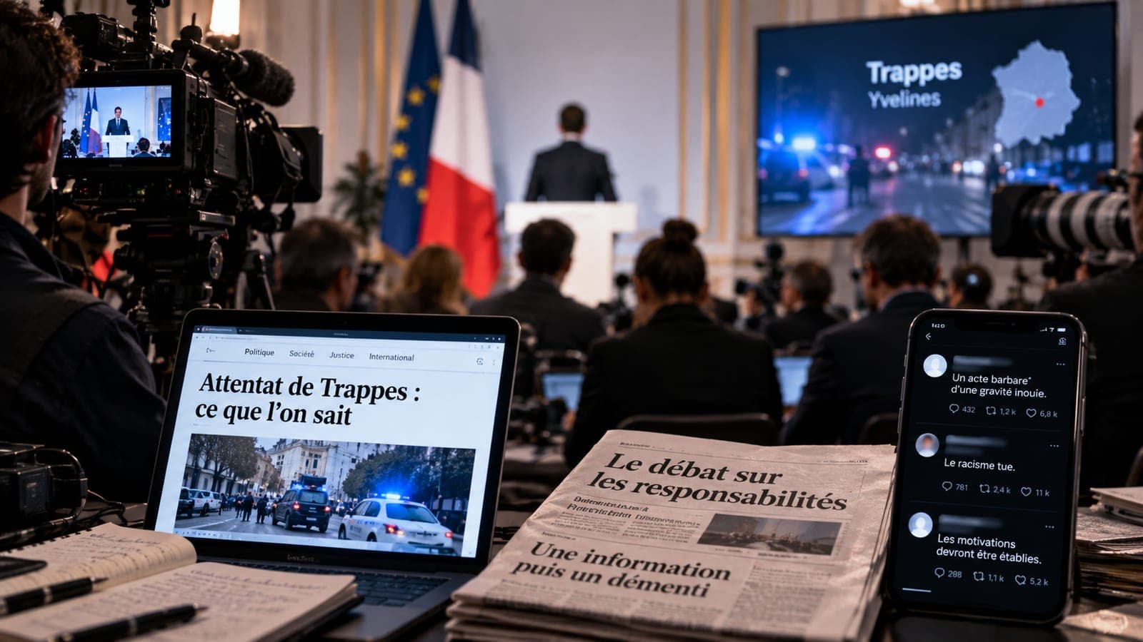 Salle de presse lors d'une déclaration officielle sur l'attentat de Trappes, entre écrans, journaux et réseaux sociaux