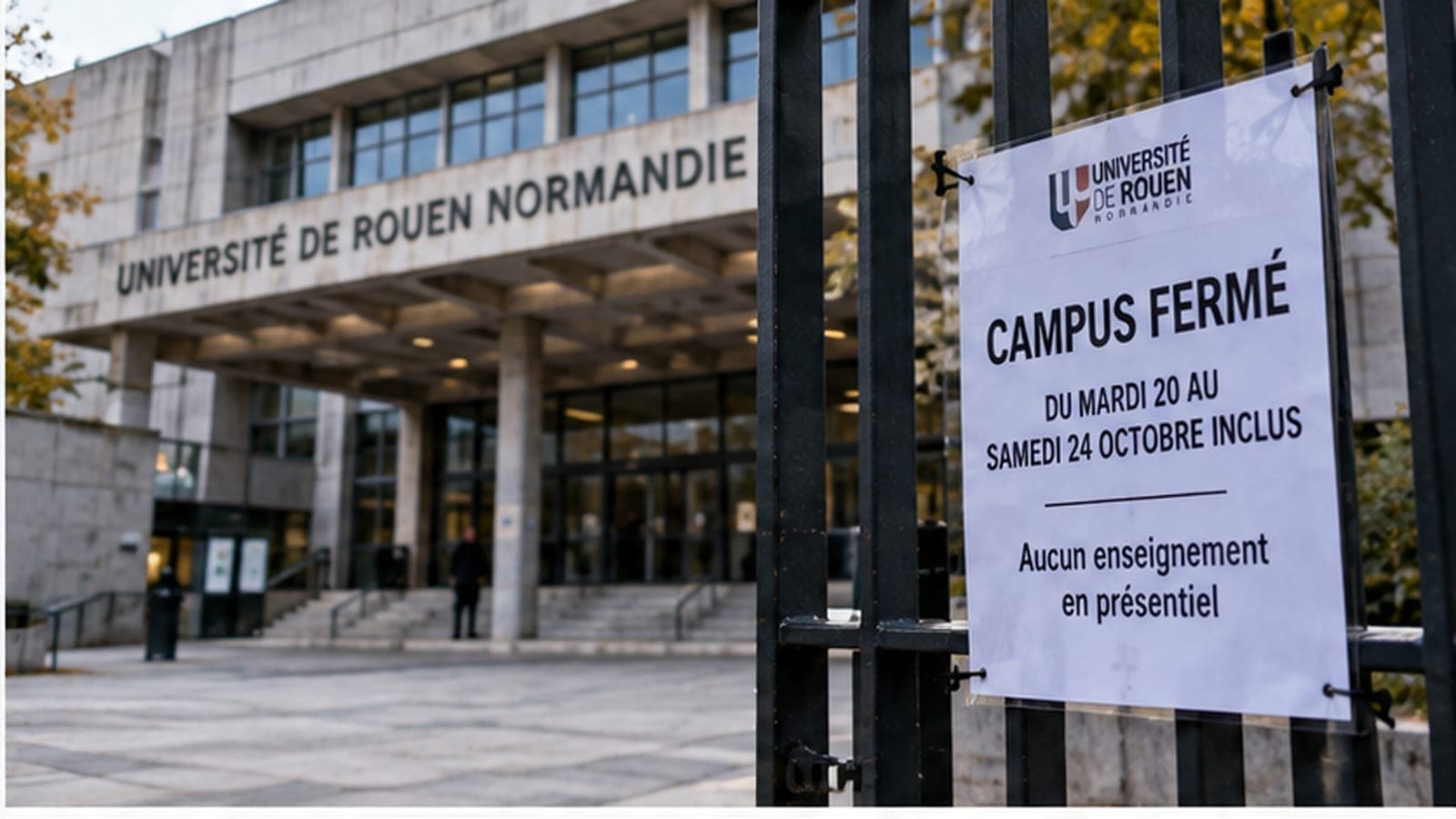 Avis de fermeture du campus du mardi 20 au samedi 24 octobre accroché à une grille, devant un bâtiment de l'Université de Rouen Normandie