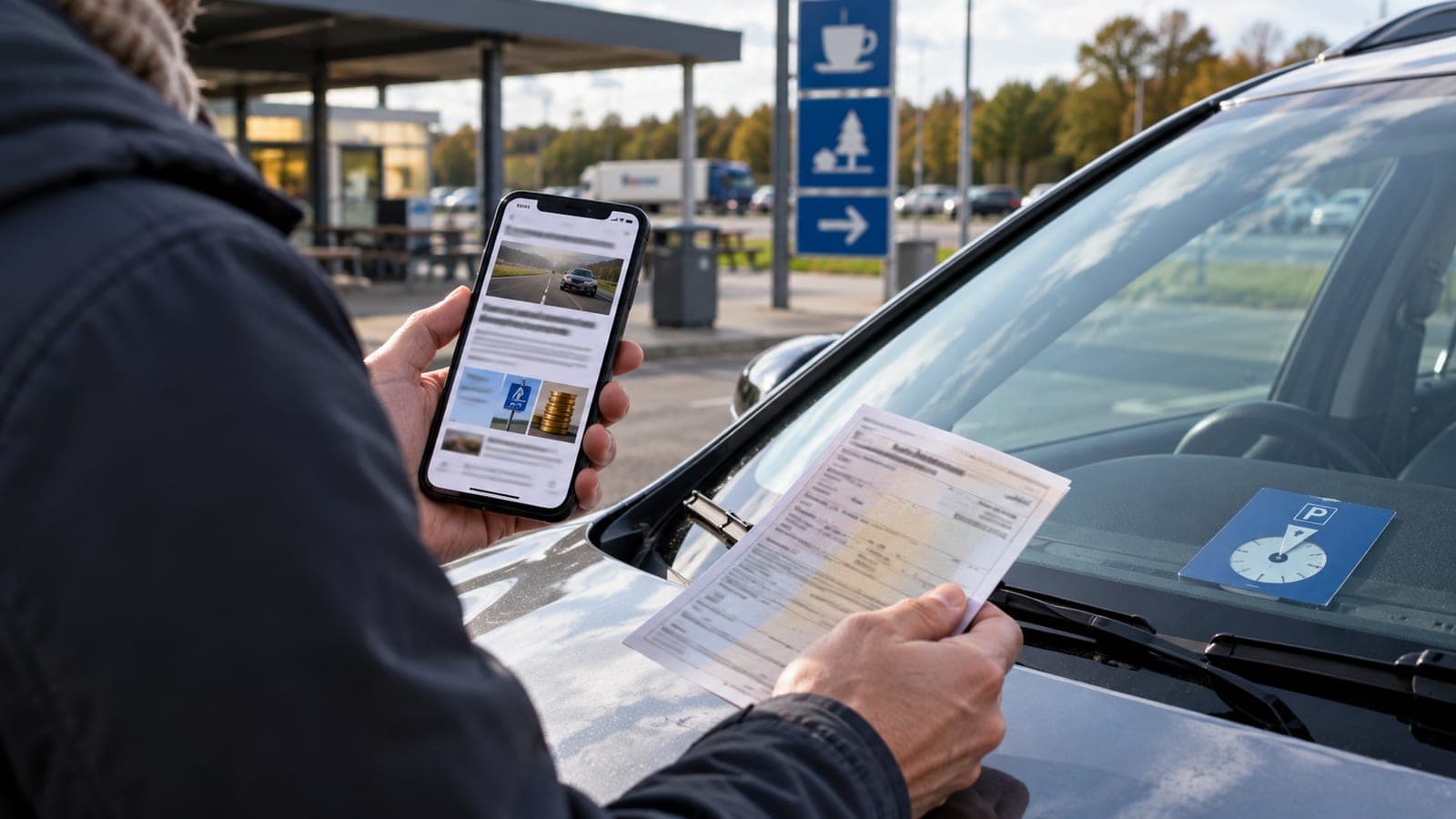 Automobiliste sur une aire d'autoroute, un document et un téléphone à la main