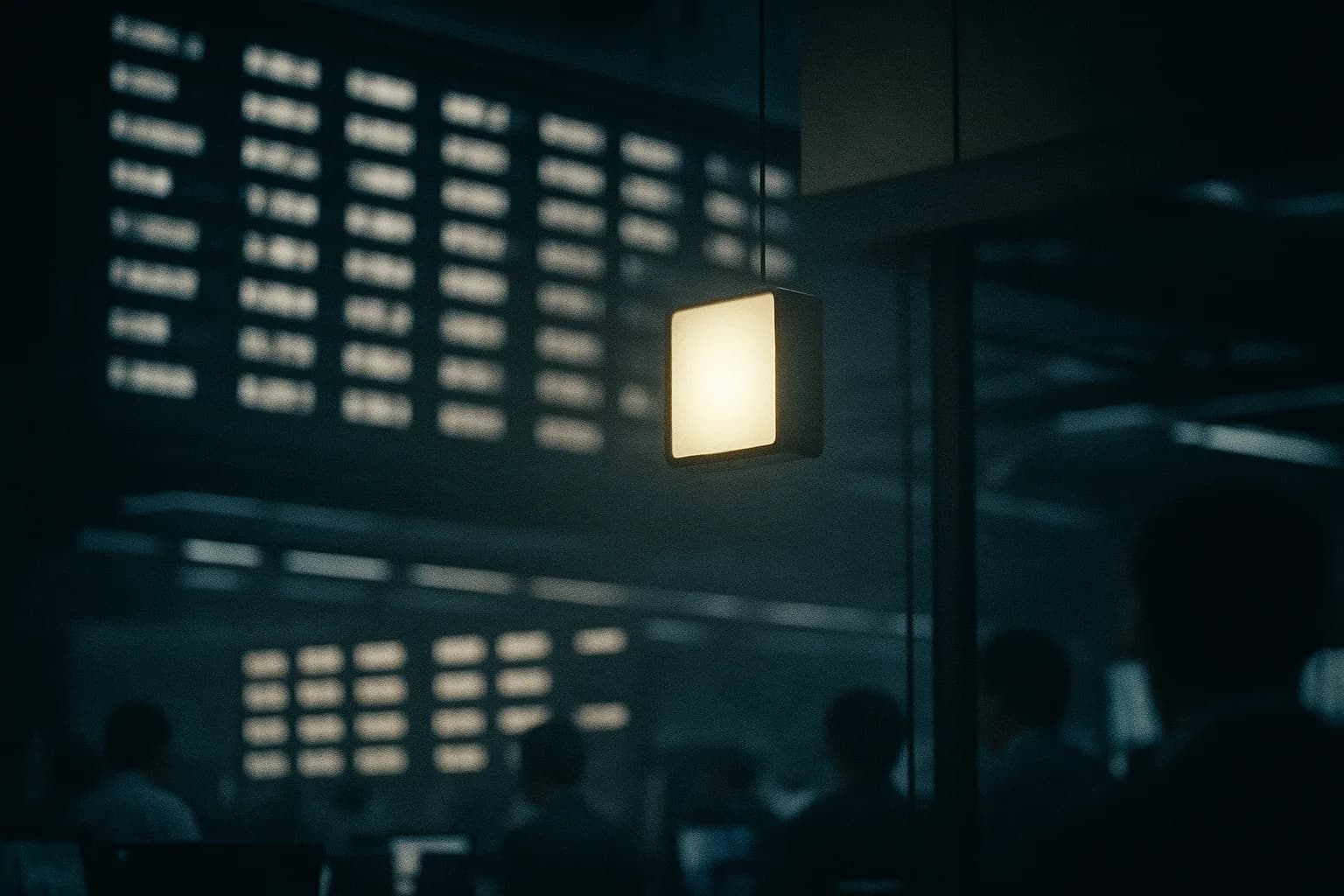 Salle de marché nocturne où des dizaines d'enseignes lumineuses s'alignent sur un même tableau, l'une d'elles se détachant lentement du mur pour s'éclairer seule, métaphore d'une marque qu'un portefeuille s'apprête à coter à part